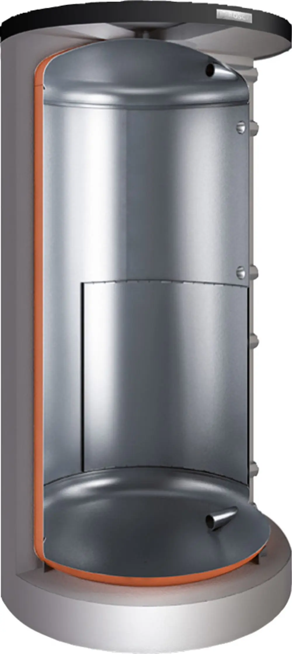 Vertikaler Pufferspeicher in zylindrischer Form, aus Edelstahl, mit anliegender Heizungsanschlussmöglichkeit, Hersteller Bosch.